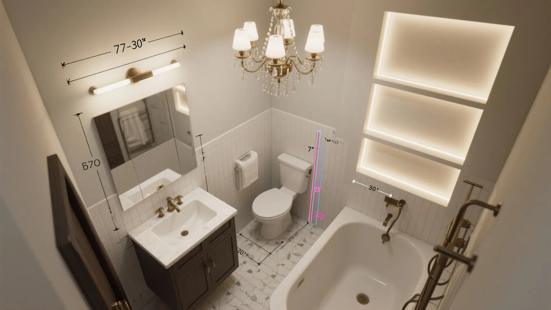 Top-down plan of a small bathroom showing chandelier clearances and measurement guides.