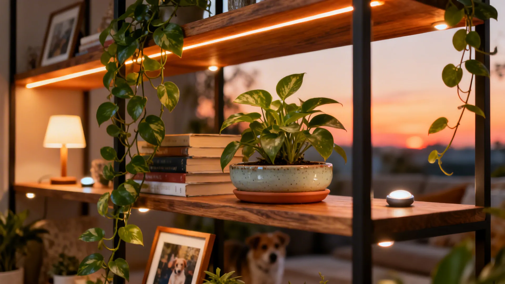 Bookcase with warm LED shelf lights and trailing plants softening the lines
