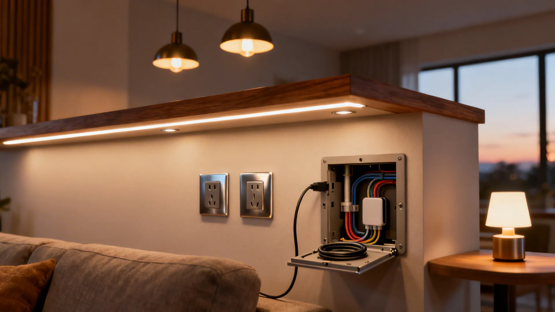 Integrated recessed LED strip and outlets on a half wall, showing warm lighting and hidden conduit access.
