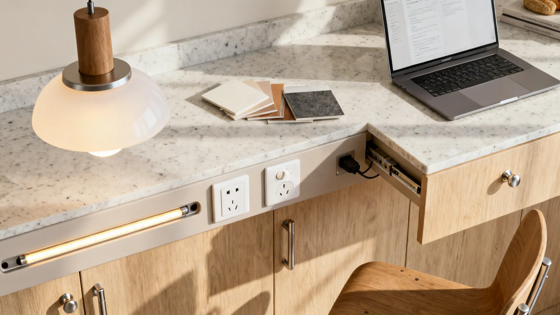 Flatlay of opal pendants, dimmer, LED strip, pop-up outlet, and quartz-oak samples.