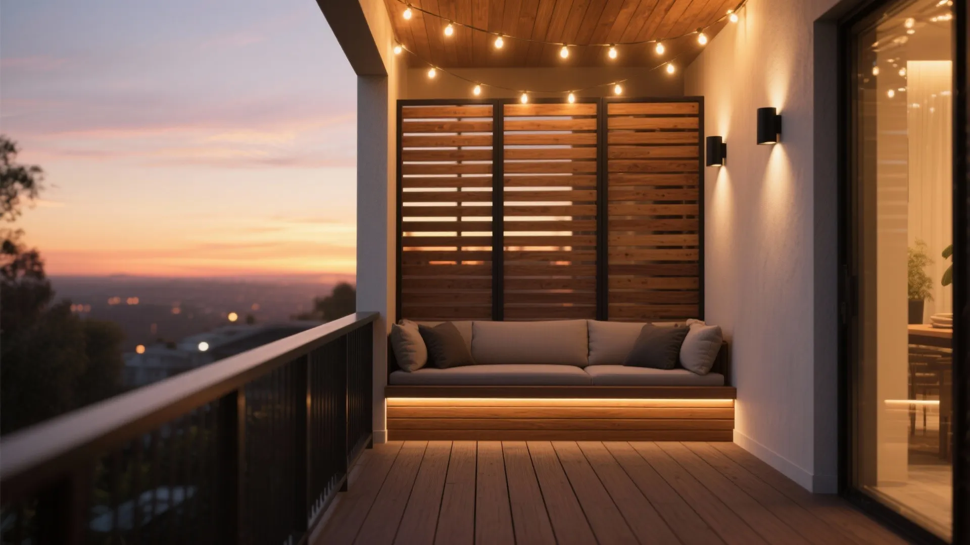Cozy balcony at sunset with grey sofa under string lights and wooden wall panel lights