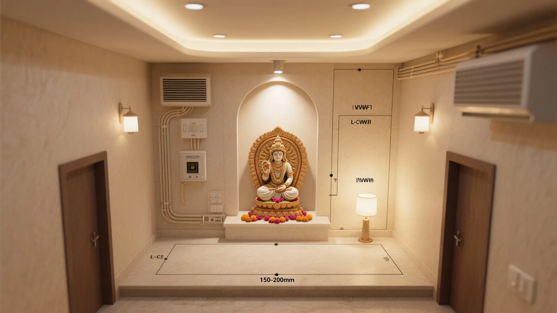 Top-down lighting plan for a pooja unit with cove, spotlight, and safe lamp clearance.