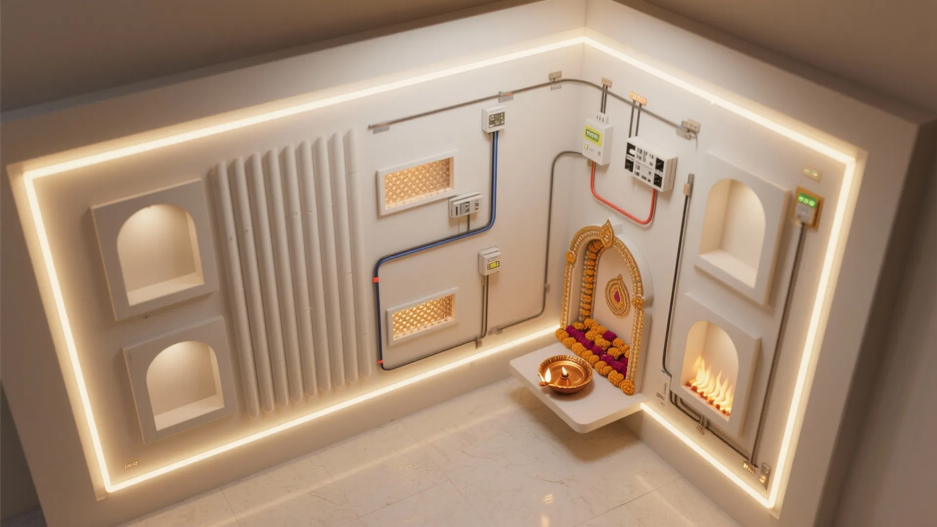 Top-down view of niche layout and LED routing with heat clearance for a pooja wall.