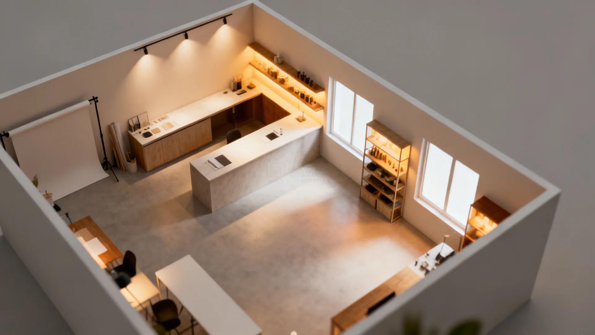 Top-down layout showing ambient, task, and accent lighting zones with soft gradients.