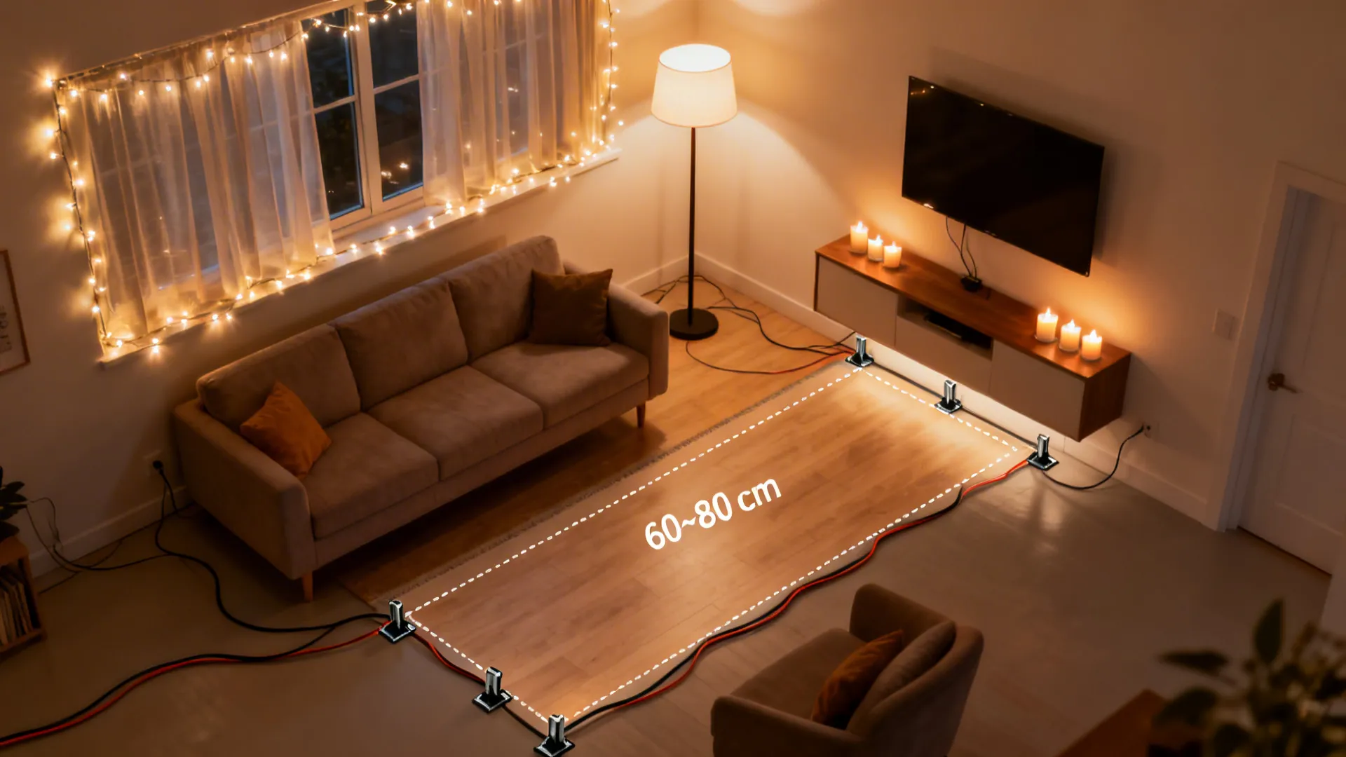 Top-down view showing fairy lights at the window, a floor lamp, and tea lights arranged with a clear walkway.