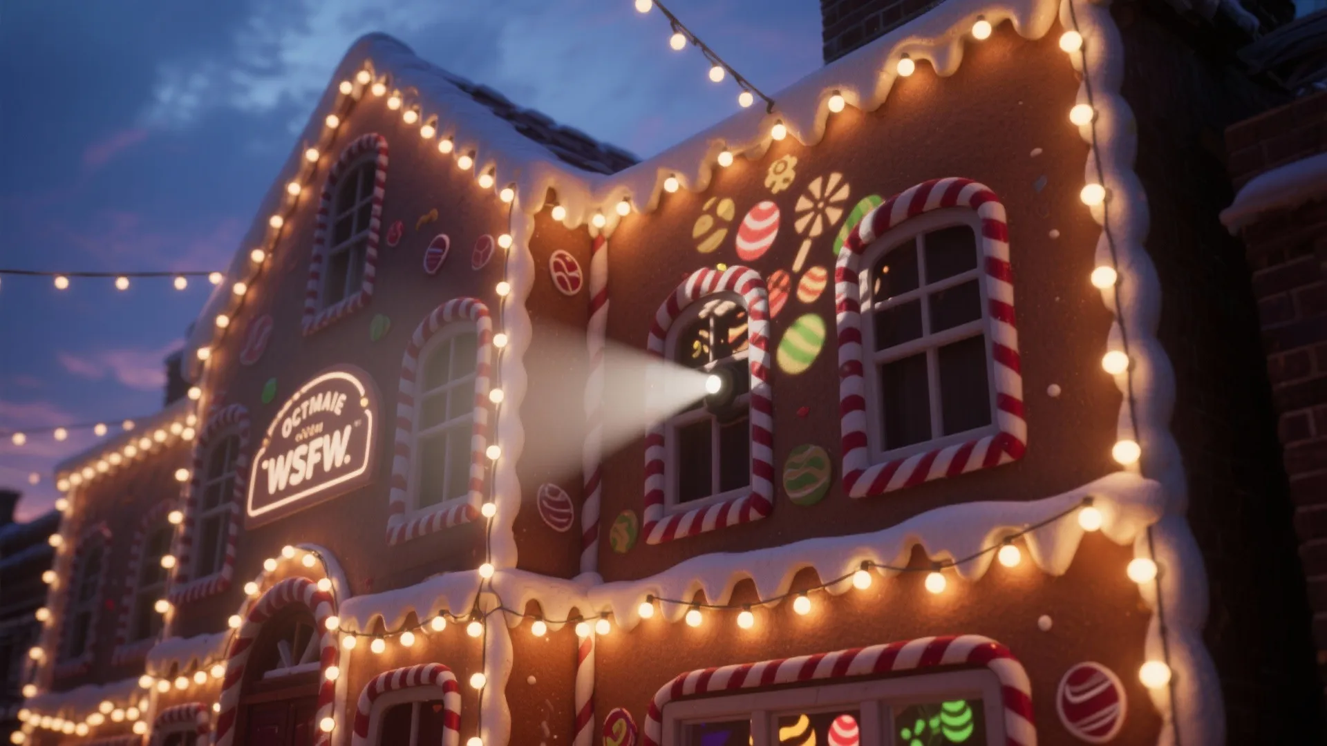 Gingerbread house decorated with festive string lights and colorful candy under a dark evening sky