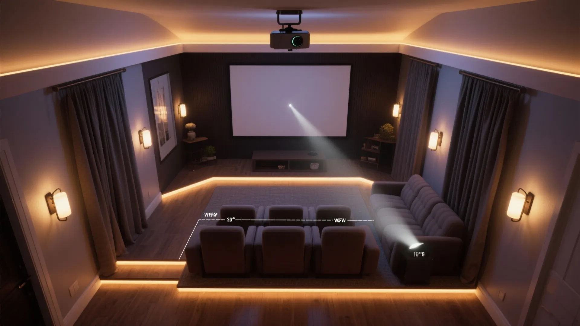 Interior design drawing of a home theater with wall lights projector screen and sofa layout