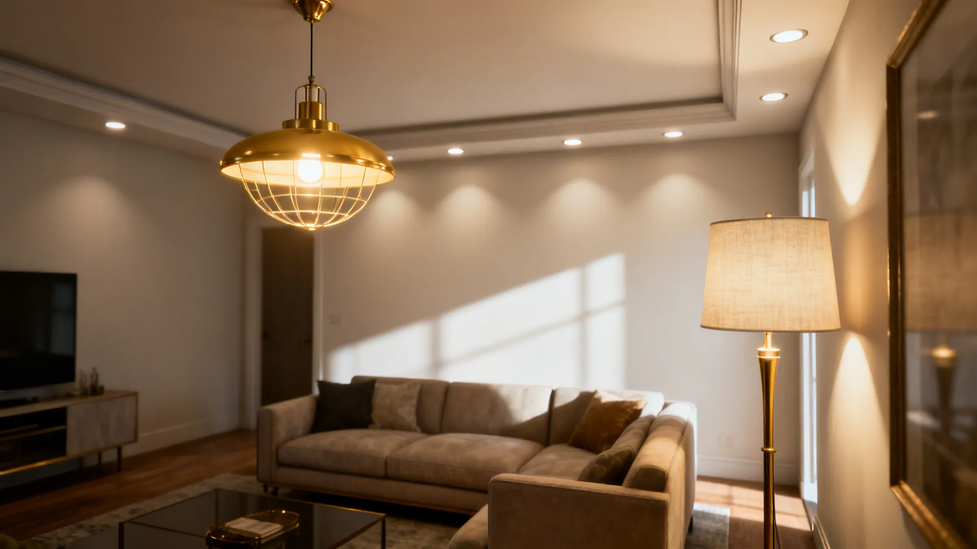 Layered lighting and properly scaled pendant in a warm white and gold small living room