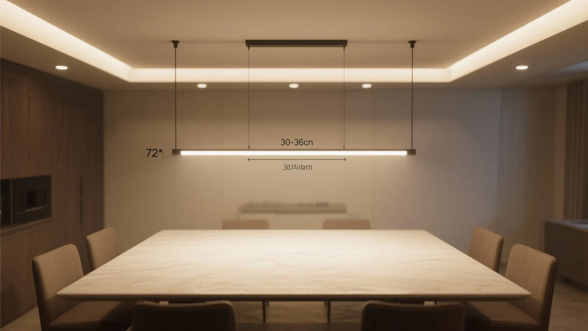 Dining room lighting diagram showing recommended measurements for hanging a linear ceiling light over table