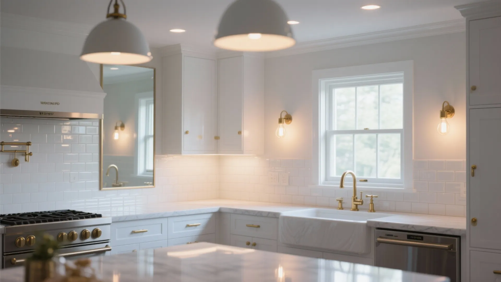 Bright white kitchen with brass gold faucet white cabinets sink oven and warm wall light