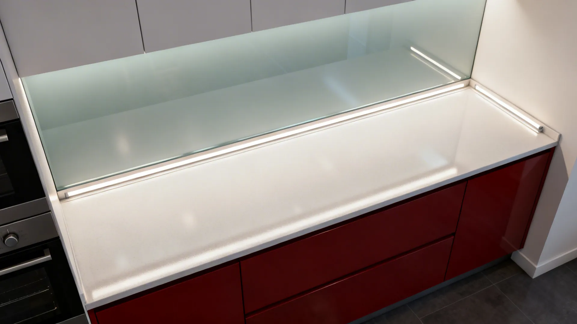 Top-down view of satin backsplash and undercabinet LEDs enhancing cherry red cabinets.