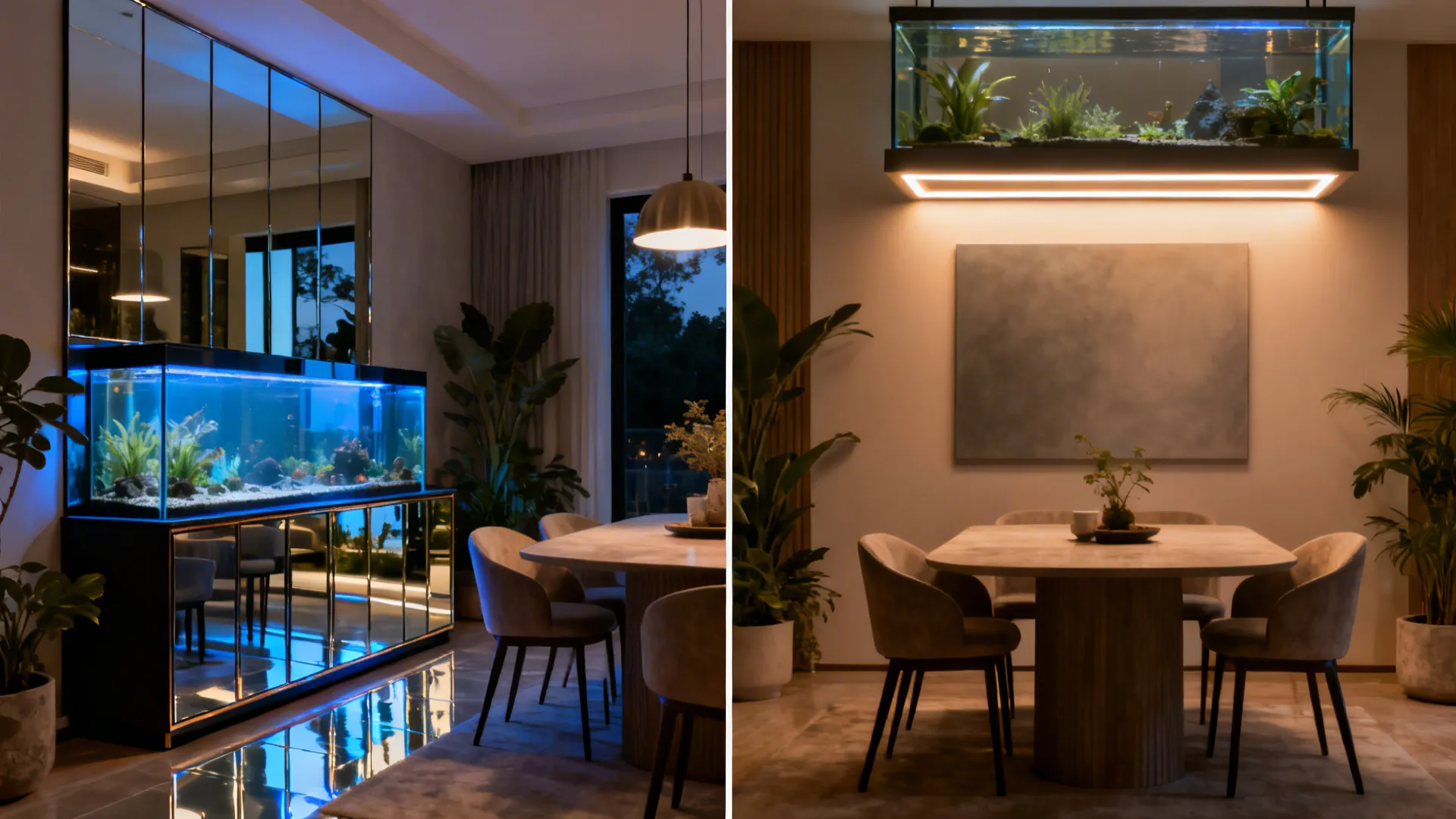Before-and-after of dining-room aquarium lighting showing reduced reflections and warm glow.