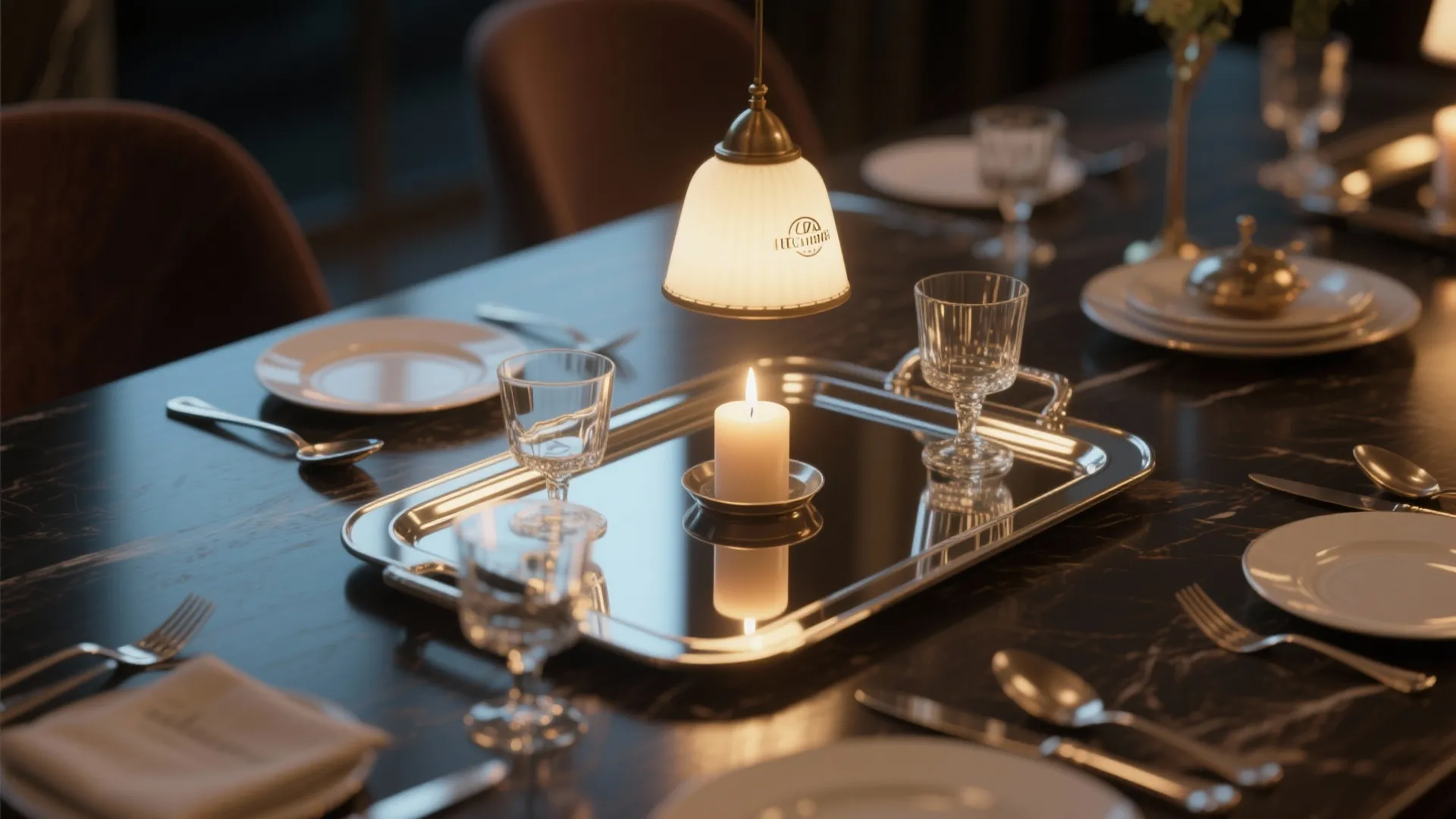 Elegant dark table setting with silver tray white candle glass cups and small ceiling light