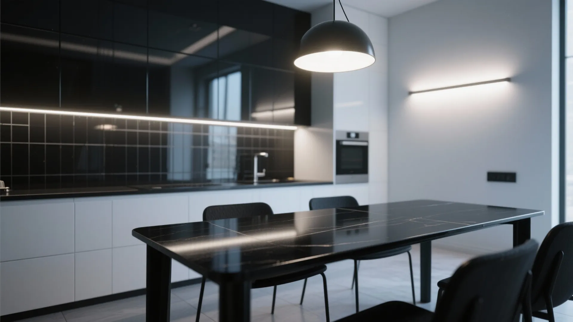 Modern kitchen interior with black marble dining table black cabinets white walls and ceiling light