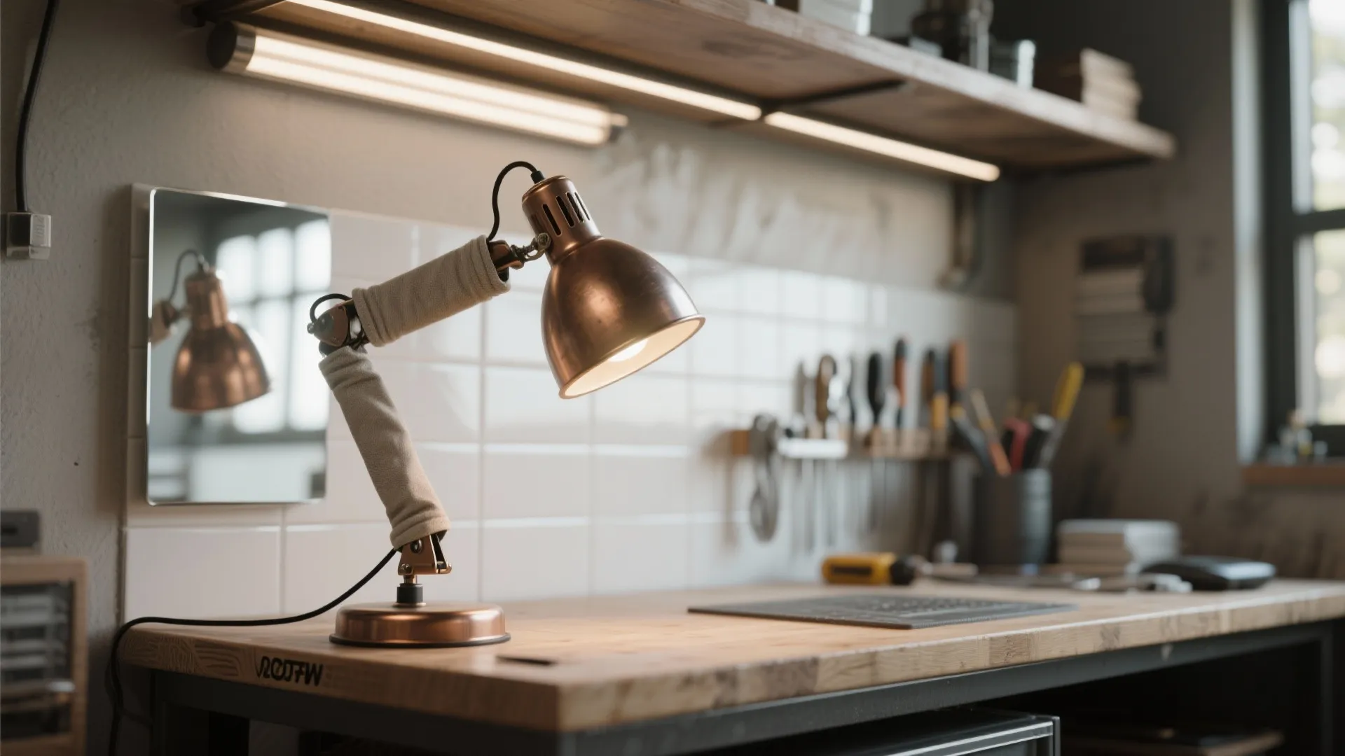A copper desk light fixture on a wooden workbench with a small mirror and tools