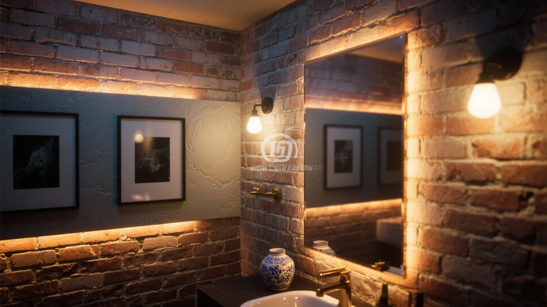 Modern bathroom with red brick walls, large mirror, warm wall lights, blue vase, and framed
