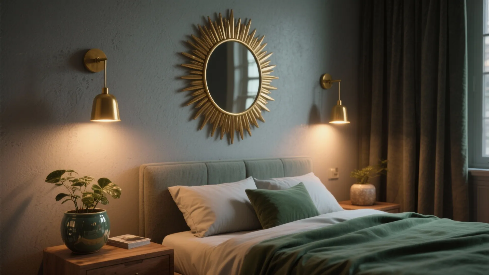 Bedroom with gold sun mirror two wall lights green bedding wooden nightstands and potted plants