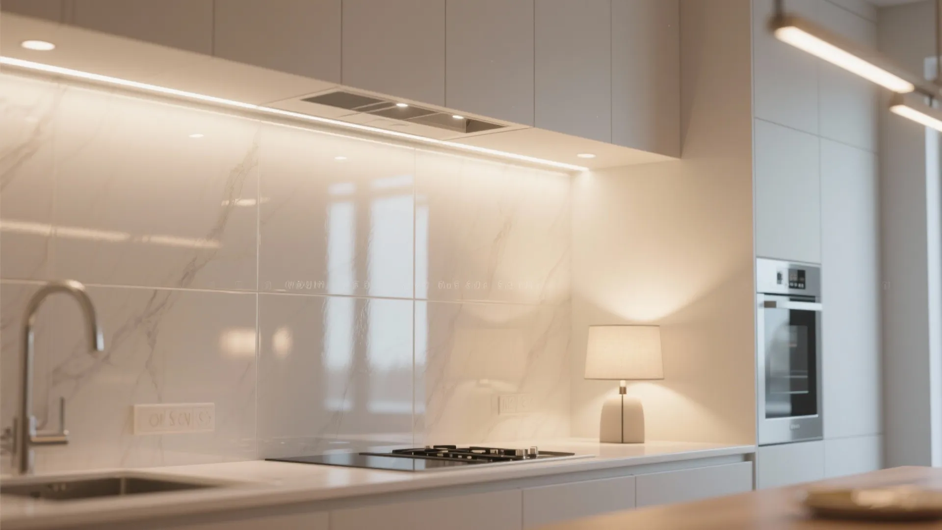Modern kitchen with white marble wall panel light fixture under cabinet table lamp and oven unit