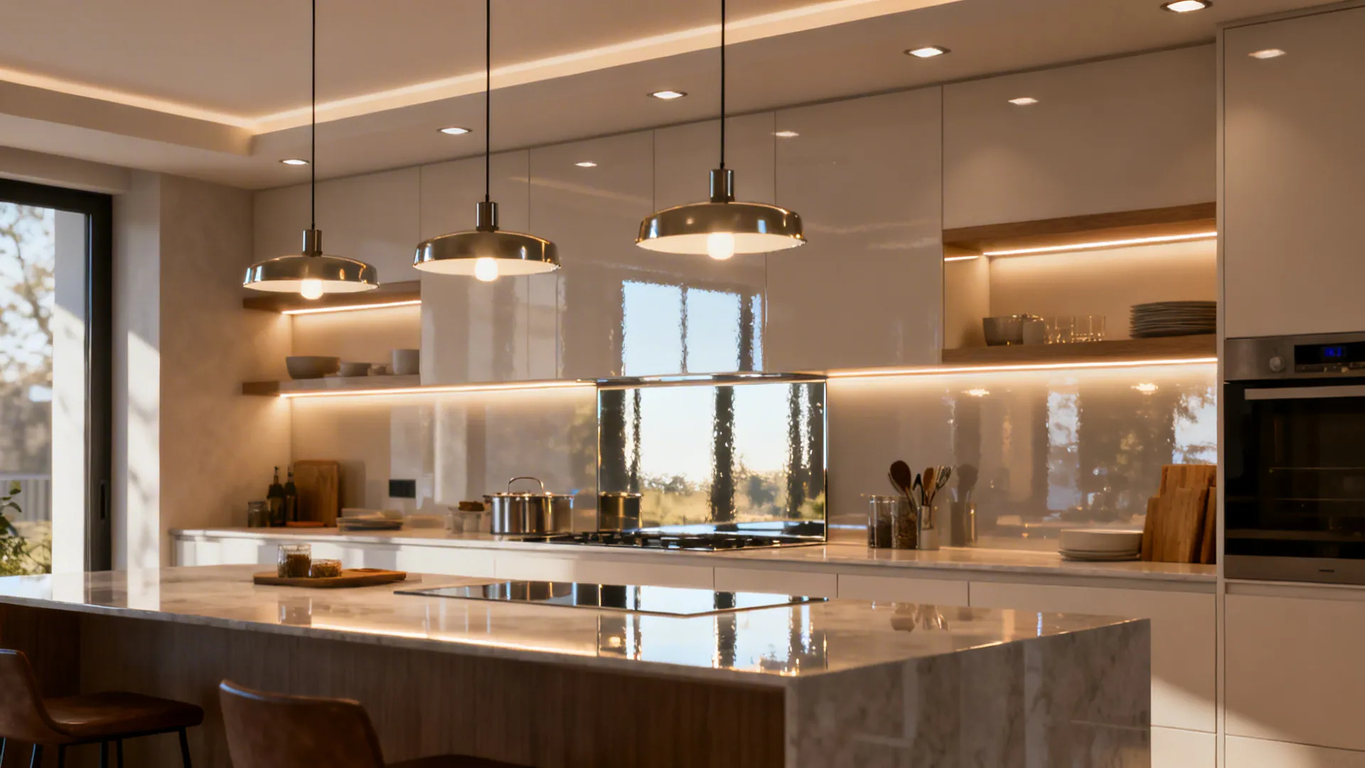 Layered lighting with pendant, ambient and accent lights and glossy backsplash in an open-plan kitchen.