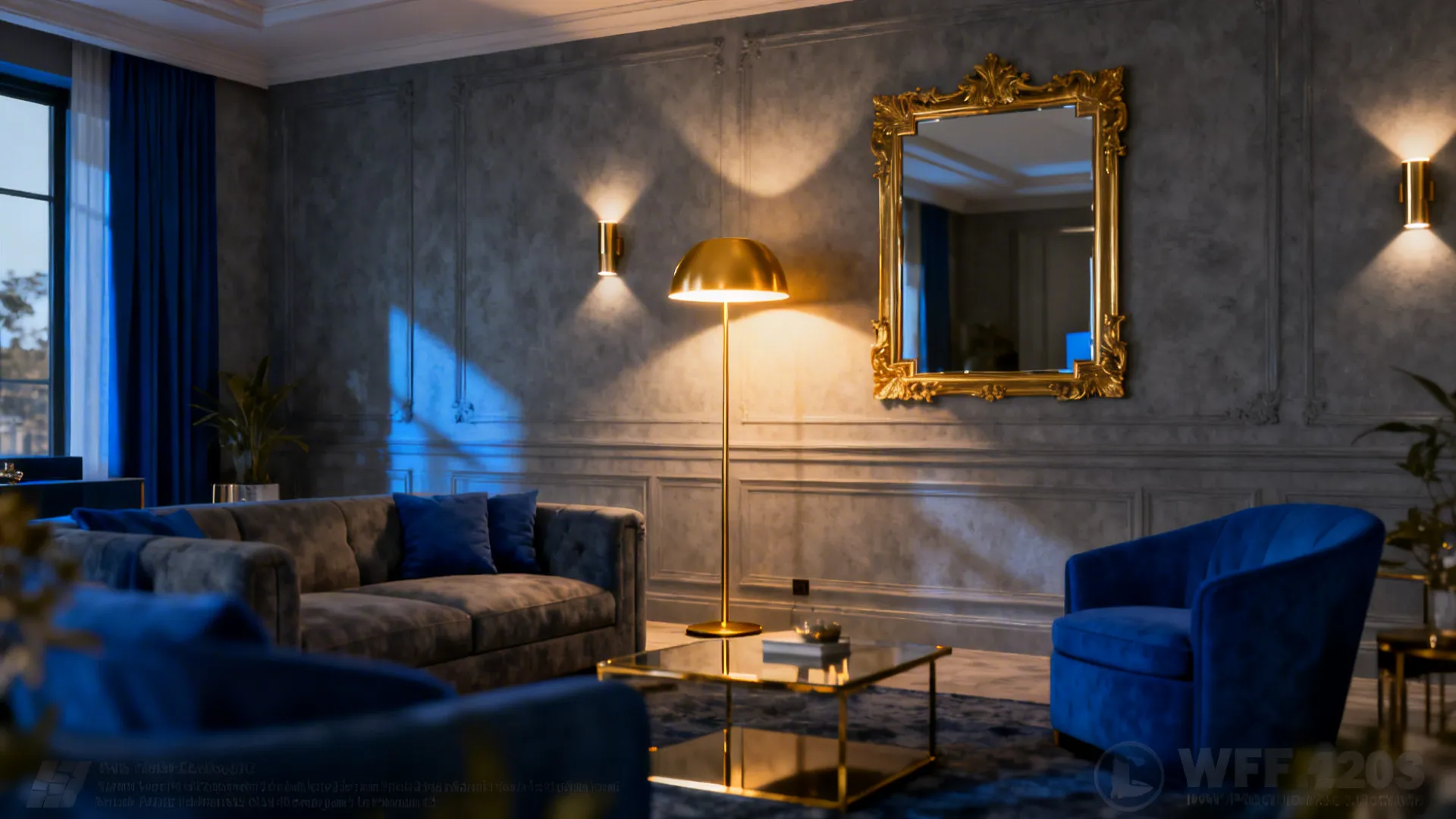Living room lit by warm LEDs with a gold-trimmed mirror and directional sconces enhancing gray and blue tones.