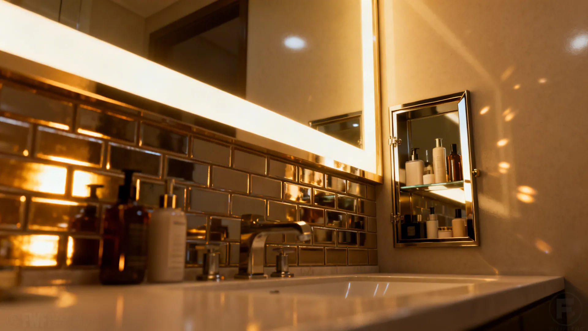 Backlit mirror and glossy tiles reflecting warm light to brighten a small bathroom.