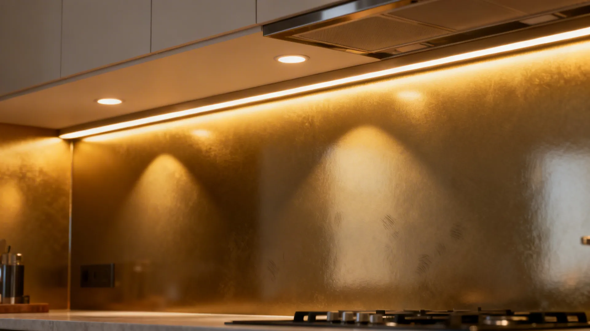 Layered task and ambient lighting with a glossy satin backsplash reflecting light in a small kitchen.