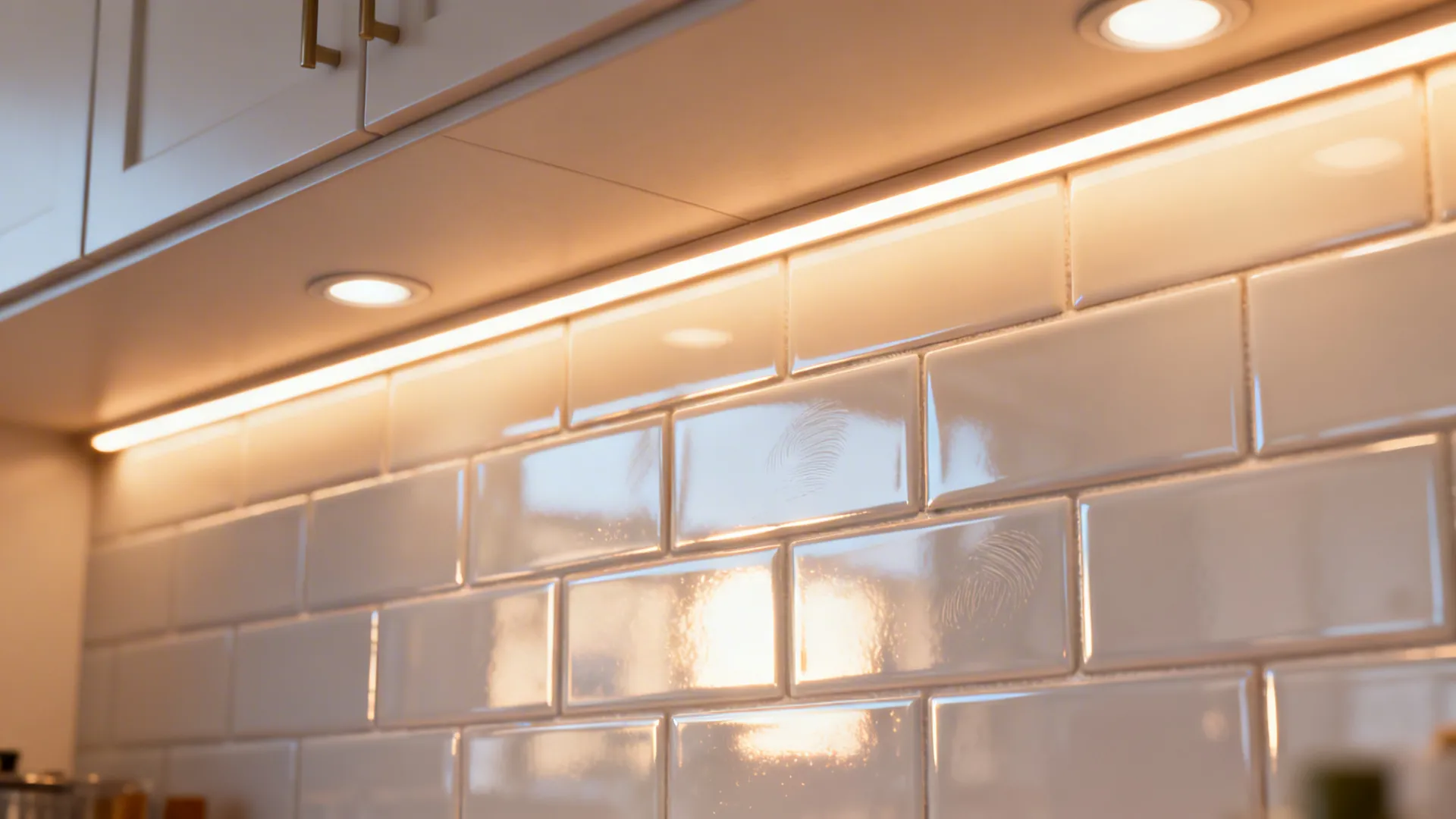 Layered kitchen lighting and glossy backsplash that amplify light in a small kitchen