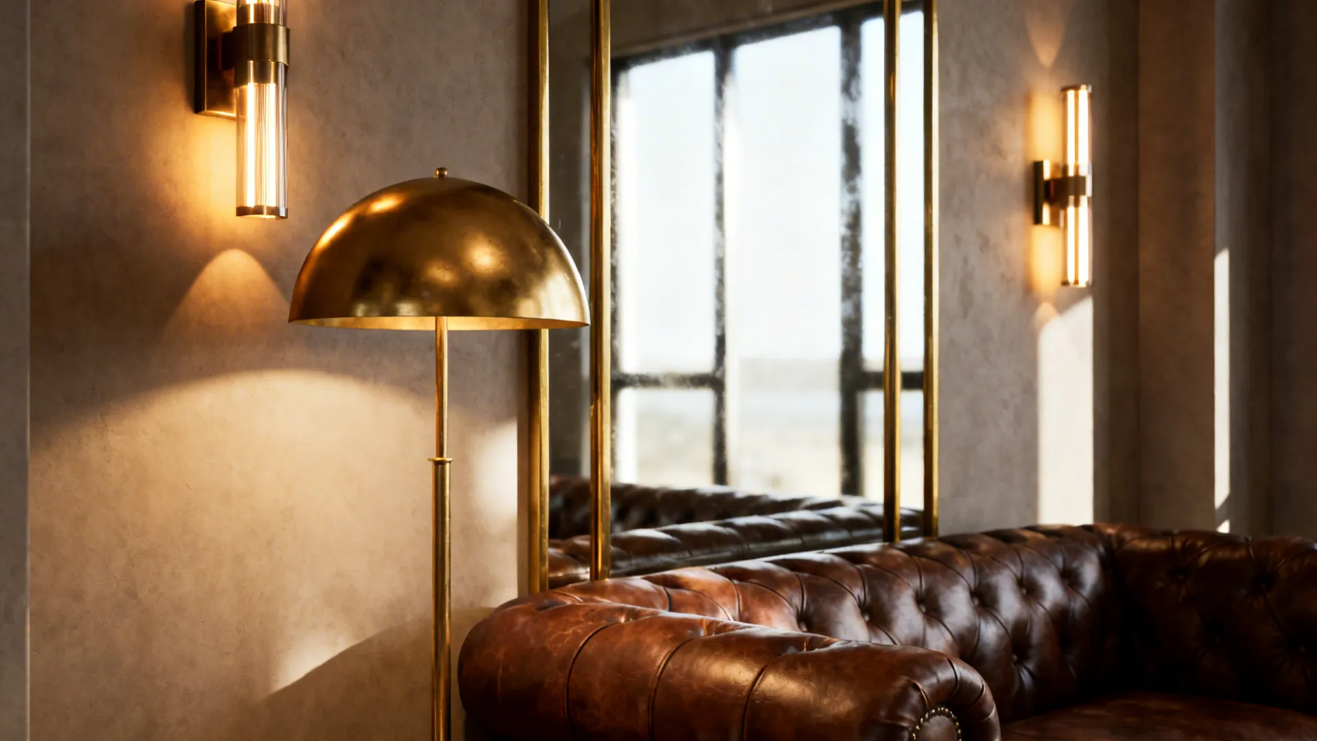 Layered lighting with a brass mirror reflecting light onto a leather sofa and warm metallic accents.