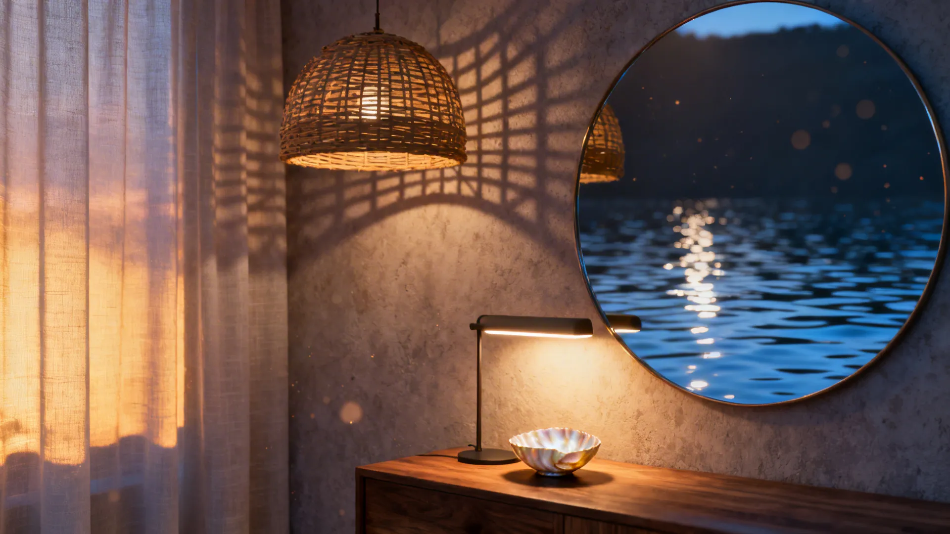 Rattan pendant, warm lamp, and pearlescent accents reflecting warm coastal light