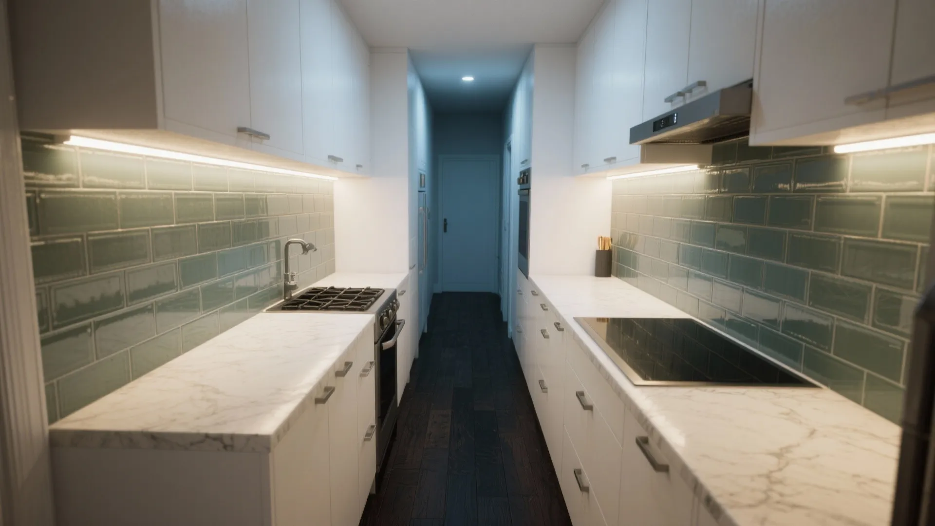 Narrow kitchen with white marble countertops green wall tiles under cabinet lights and dark wood floor