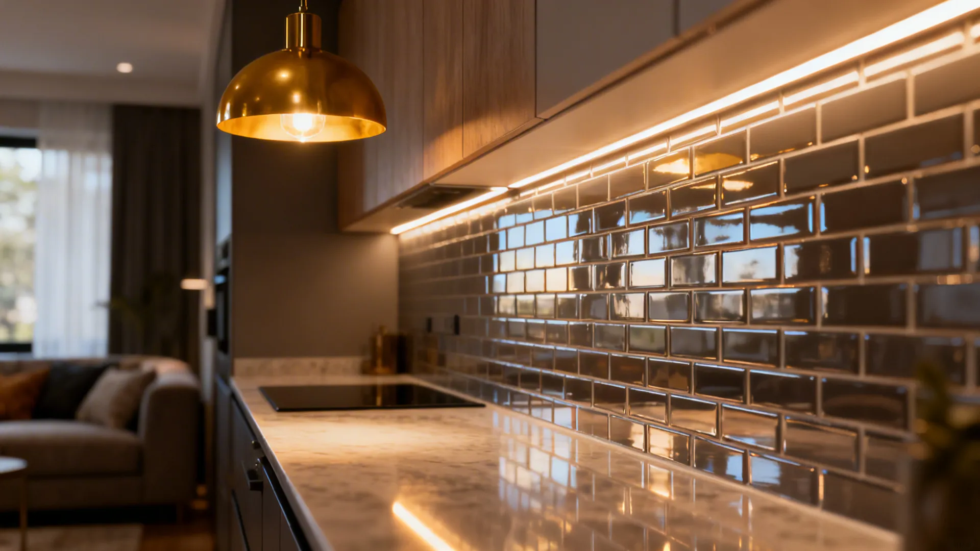 Close-up of pendant light and glossy backsplash reflecting light in a small kitchen-living combo