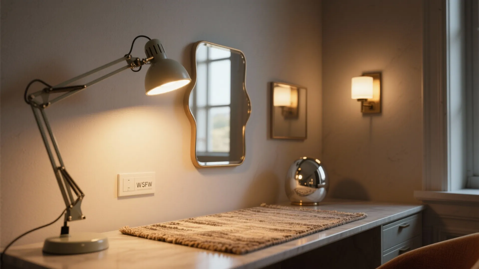 Layered task and ambient lighting with a small mirror reflecting daylight in a home office