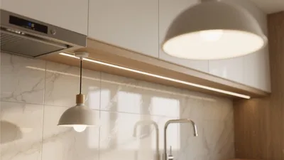 Modern Kitchen Lighting with Marble Backsplash