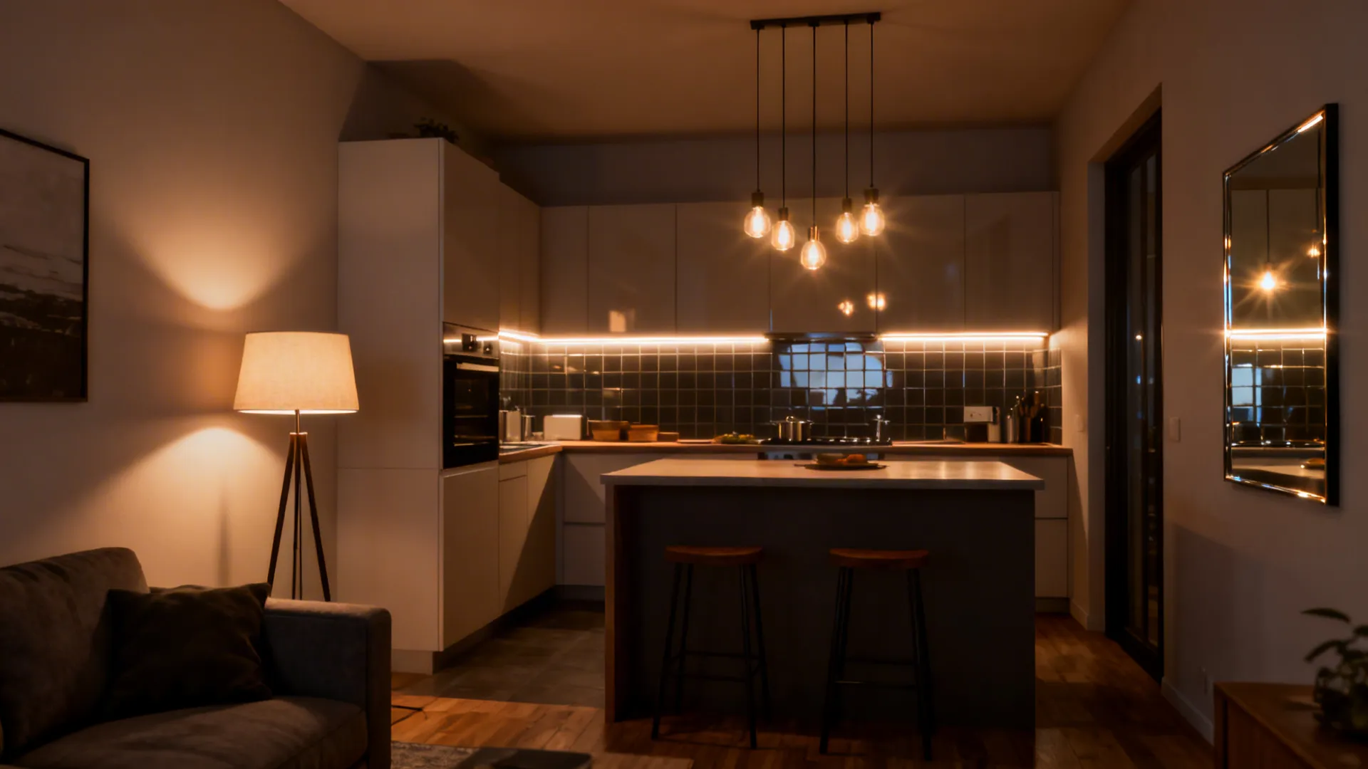 Layered lighting with pendants, floor lamp and under-cabinet LEDs, plus reflective backsplash and mirror to increase perceived depth.