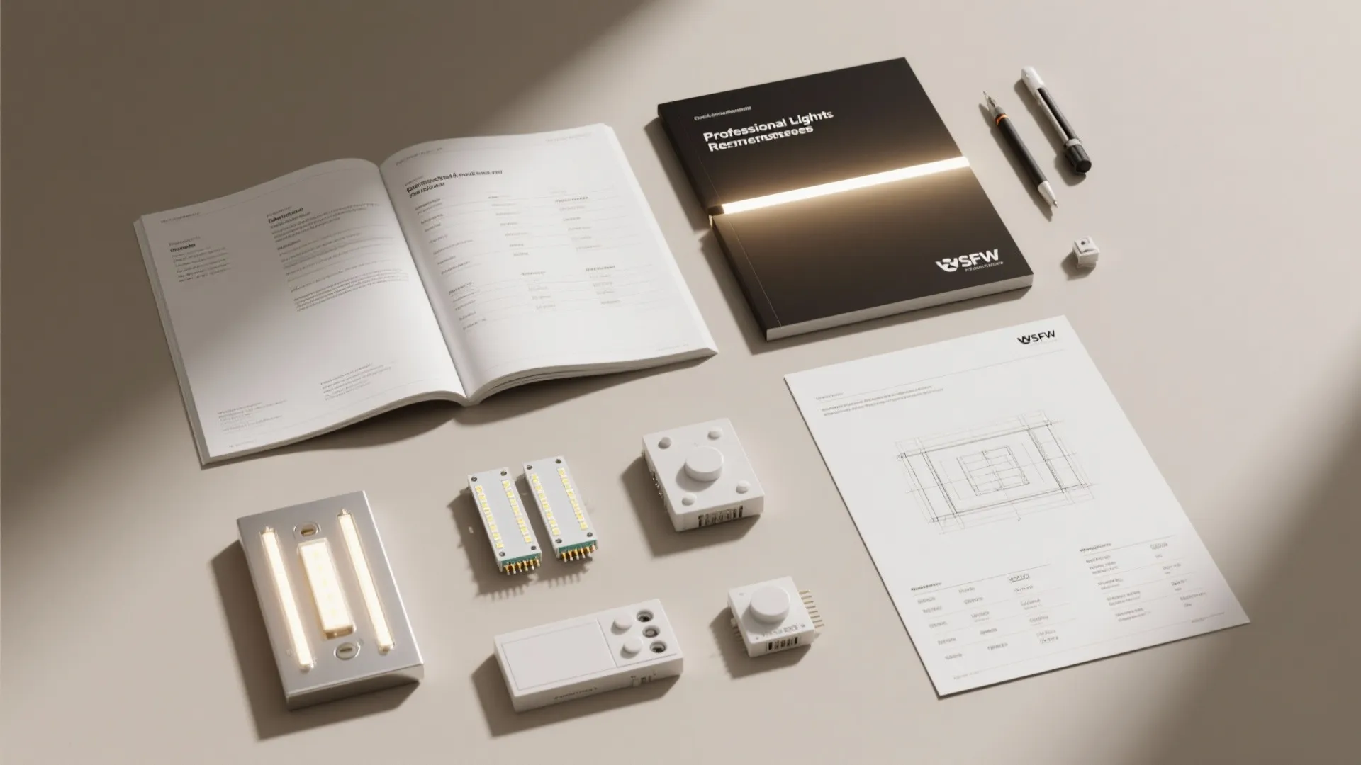 Top view of professional lighting manuals catalogs small light fixtures pens and interior design drawing plans