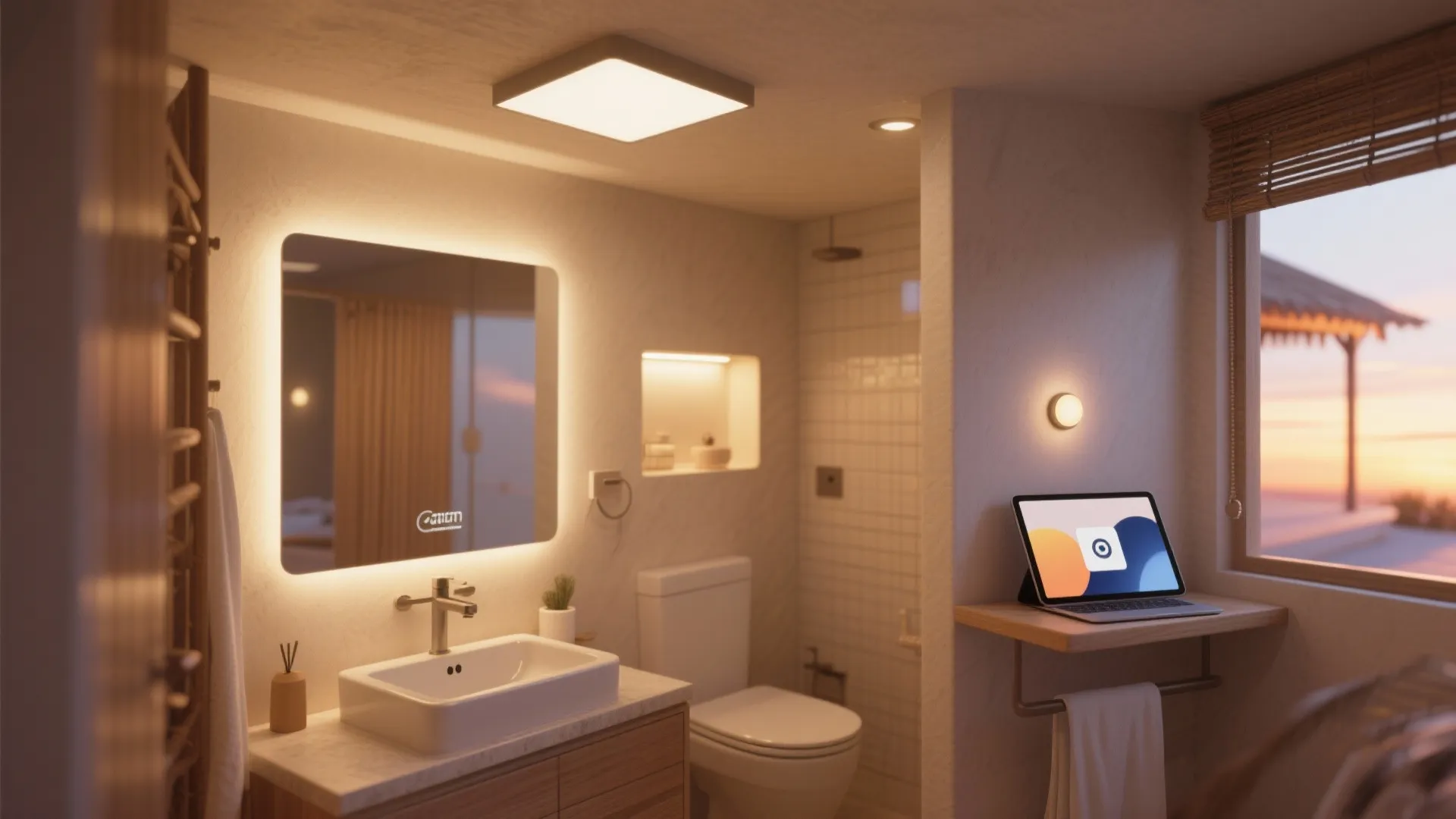 Warm bathroom interior with square ceiling light, backlit mirror, white sink, toilet, and laptop on shelf