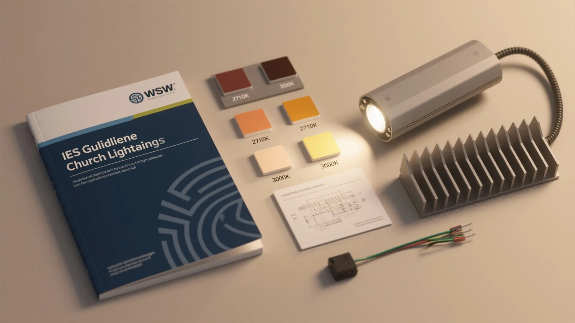 Flatlay of IES guide, LED color chips, and fixture samples for church lighting planning.