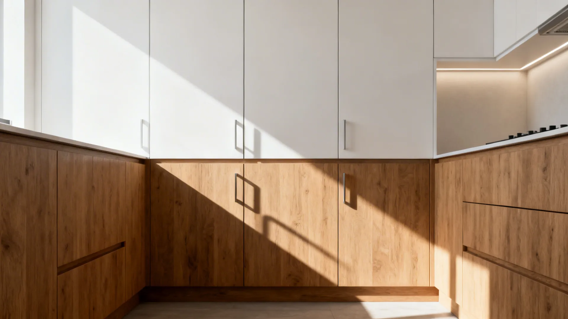 Small kitchen scene showing clear cabinet reveals, door clearance, and soft handle shadows.