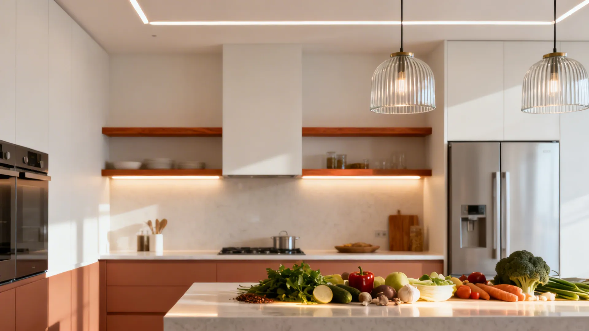 Cupboard-free kitchen with layered lighting and a soft white and clay neutral palette with warm wood accents.