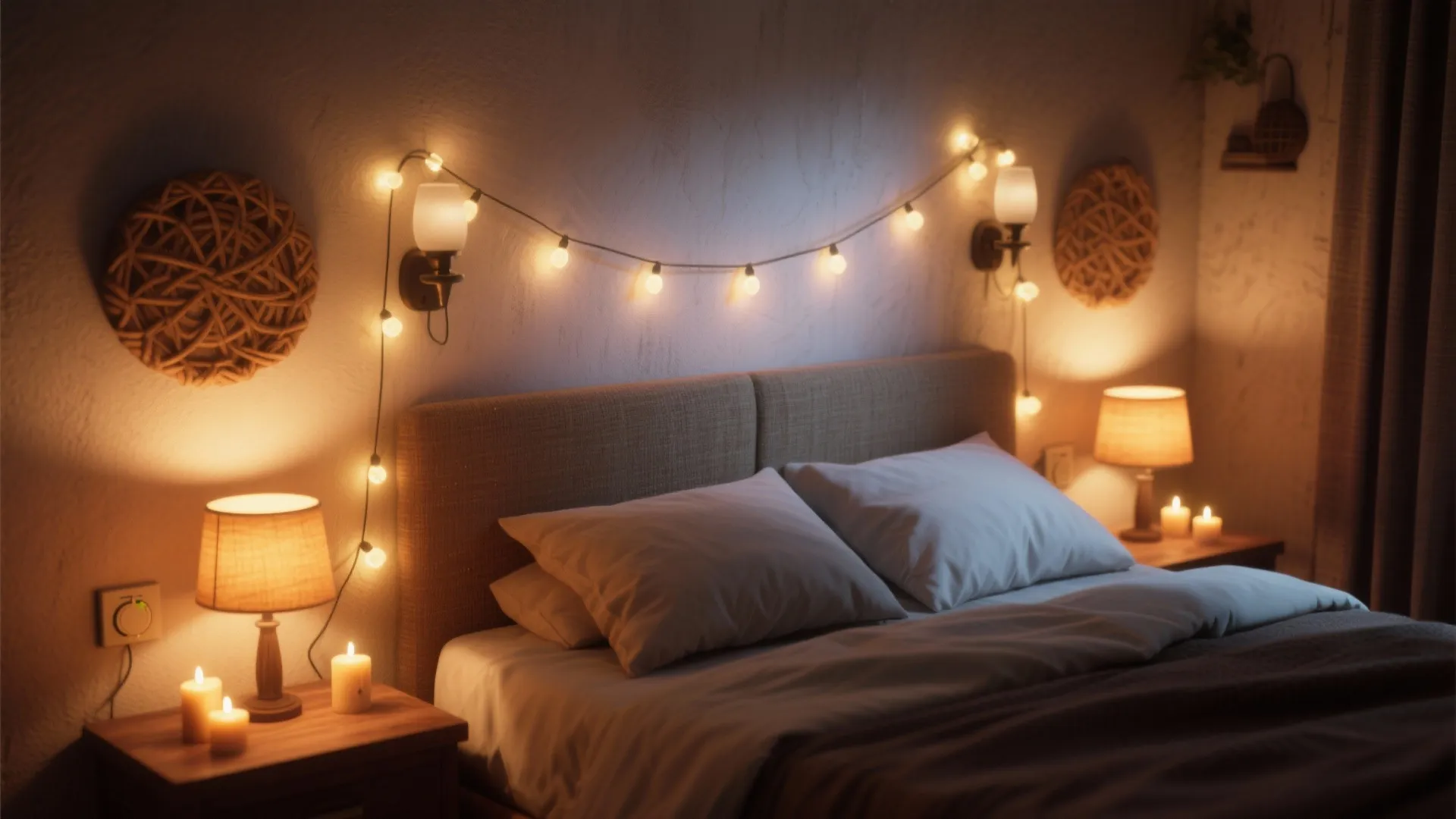 Bed with white pillows, string lights on the wall, two table lamps, and burning candles