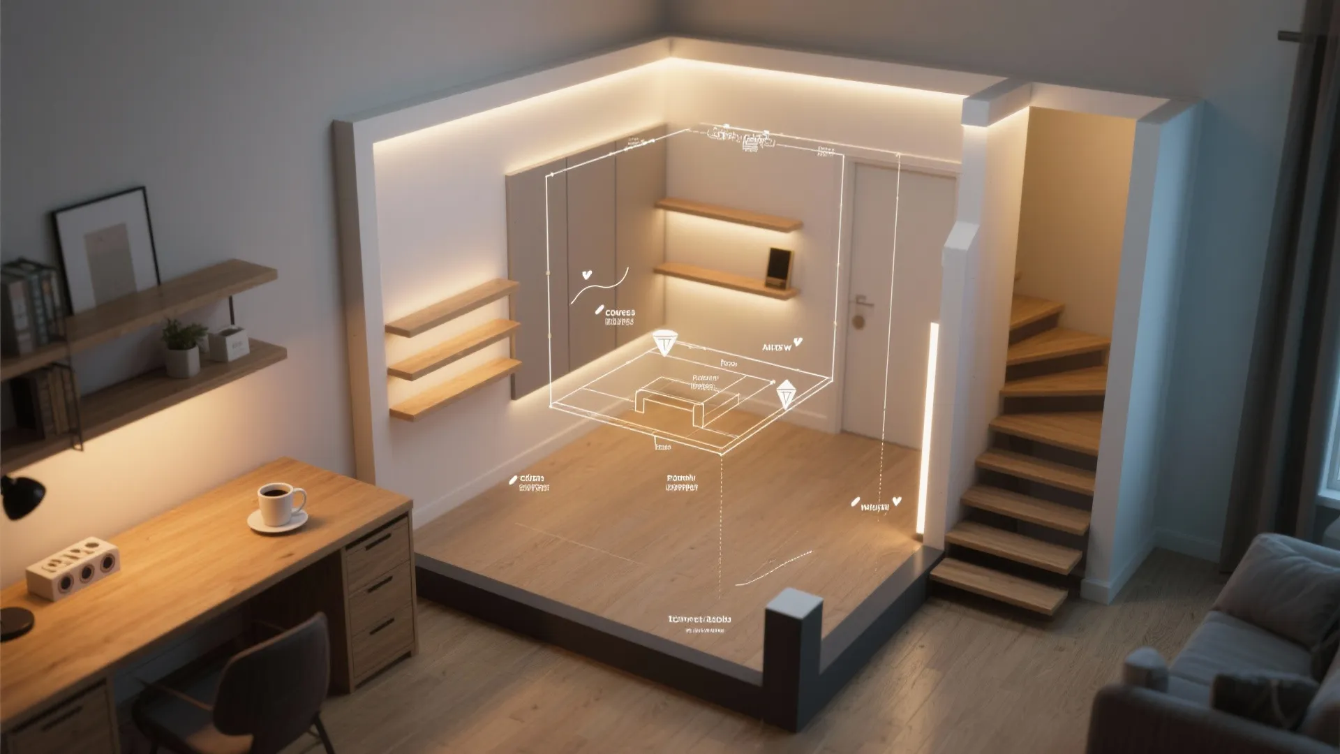 Interior design drawing showing a small room layout with desk, stairs, and ceiling light plan