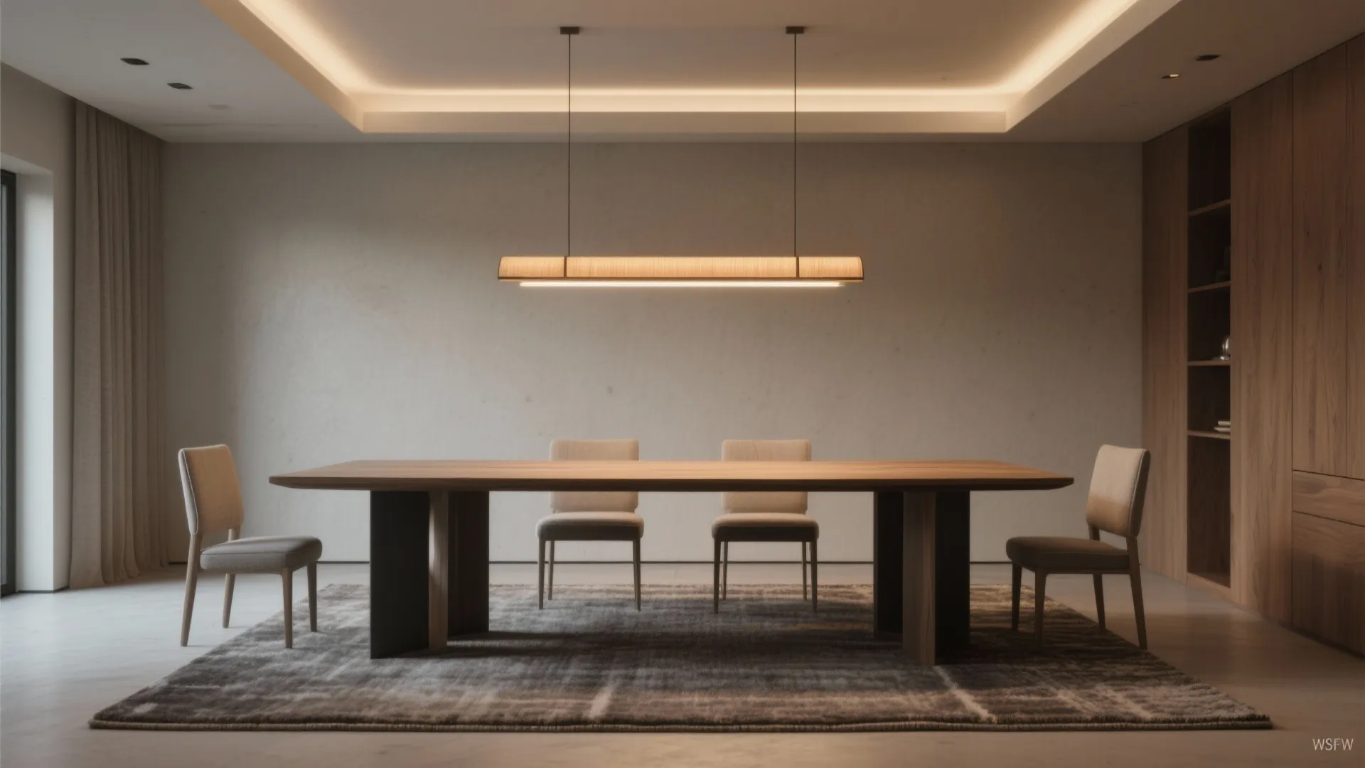 Long wooden dining table with four chairs on a grey rug under a ceiling light