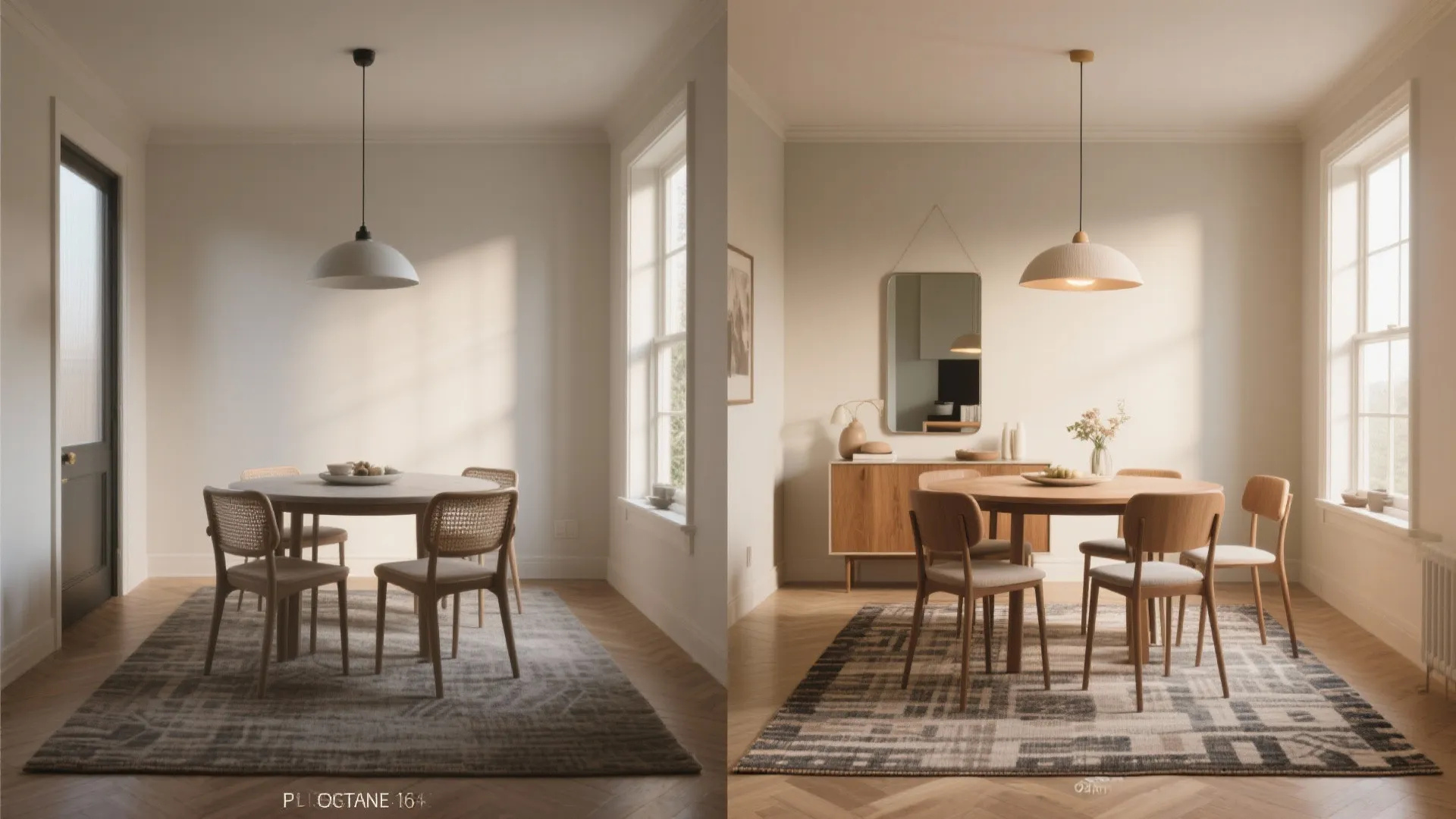 Side by side comparison of dining rooms with different rugs tables chairs and ceiling lights