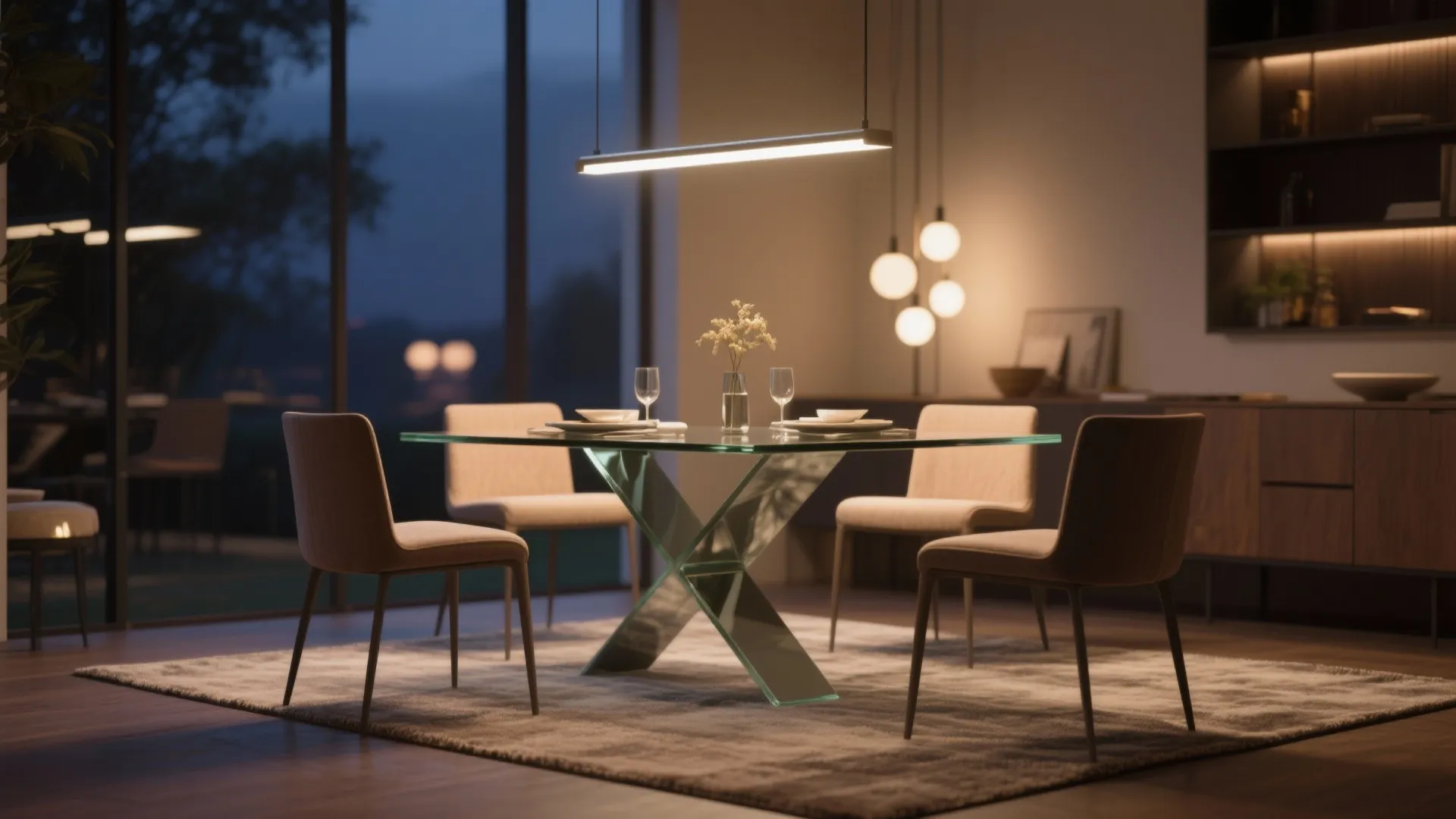 Modern dining room at night with glass table four chairs rug and hanging ceiling light