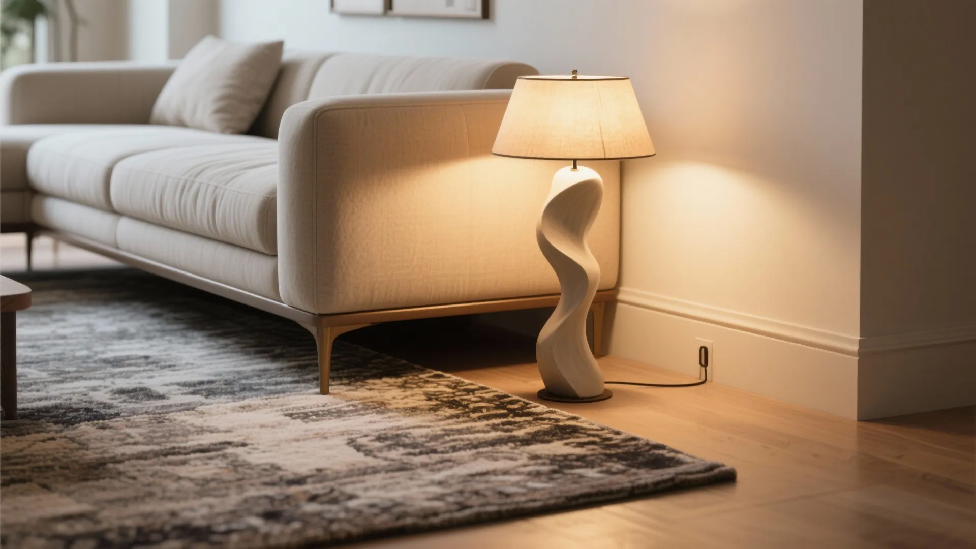 Warm light fixture on floor next to white sofa and patterned rug in a cozy room