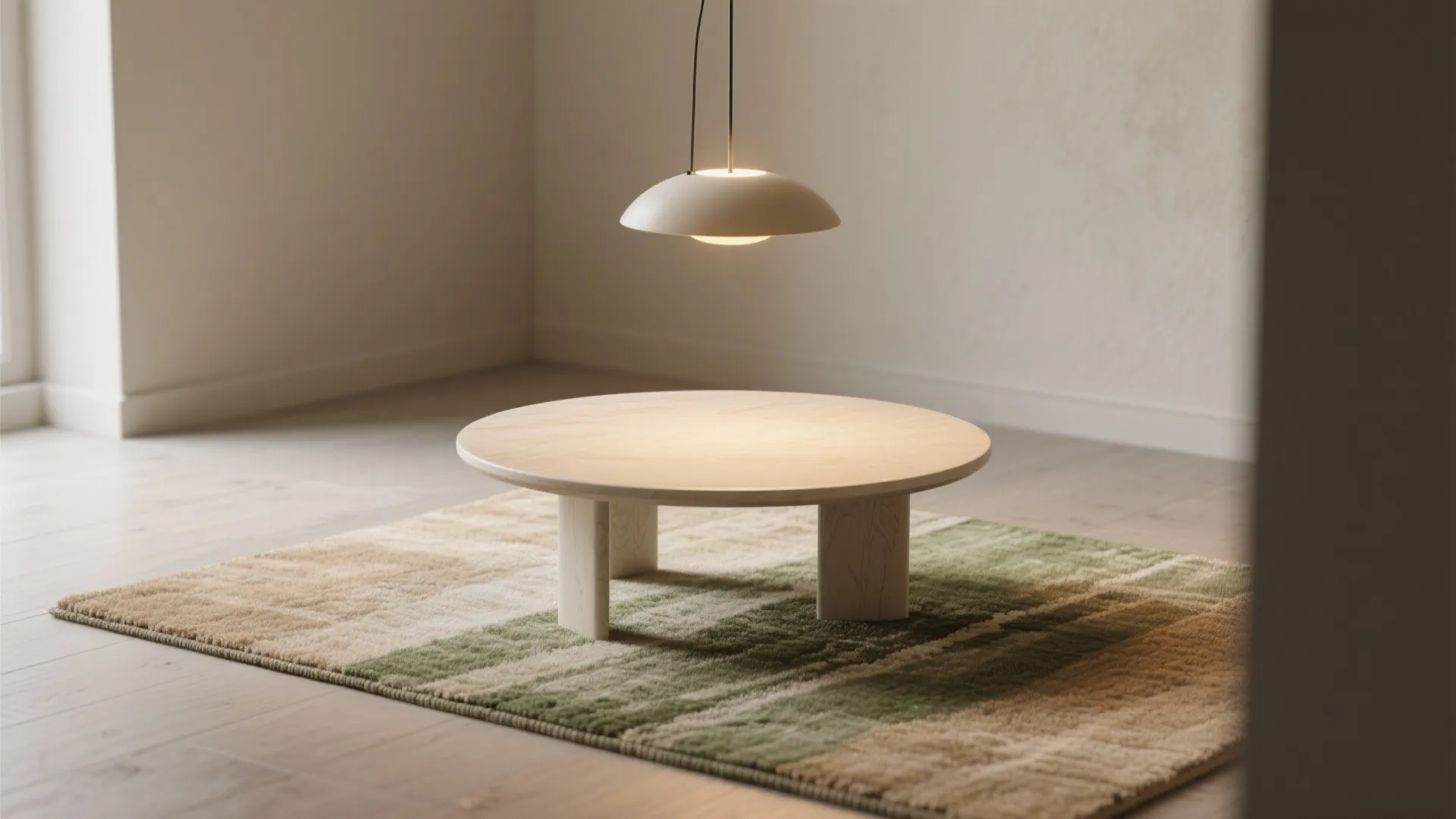 Minimalist round wooden coffee table on green striped rug with a hanging white ceiling light