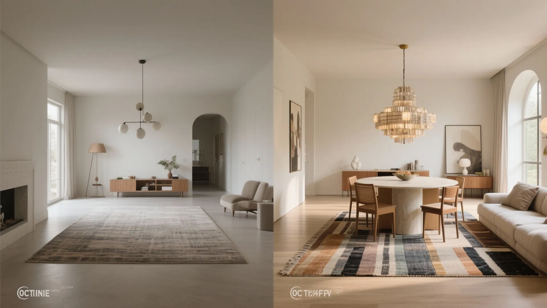 5. Statement lighting and rug zoning