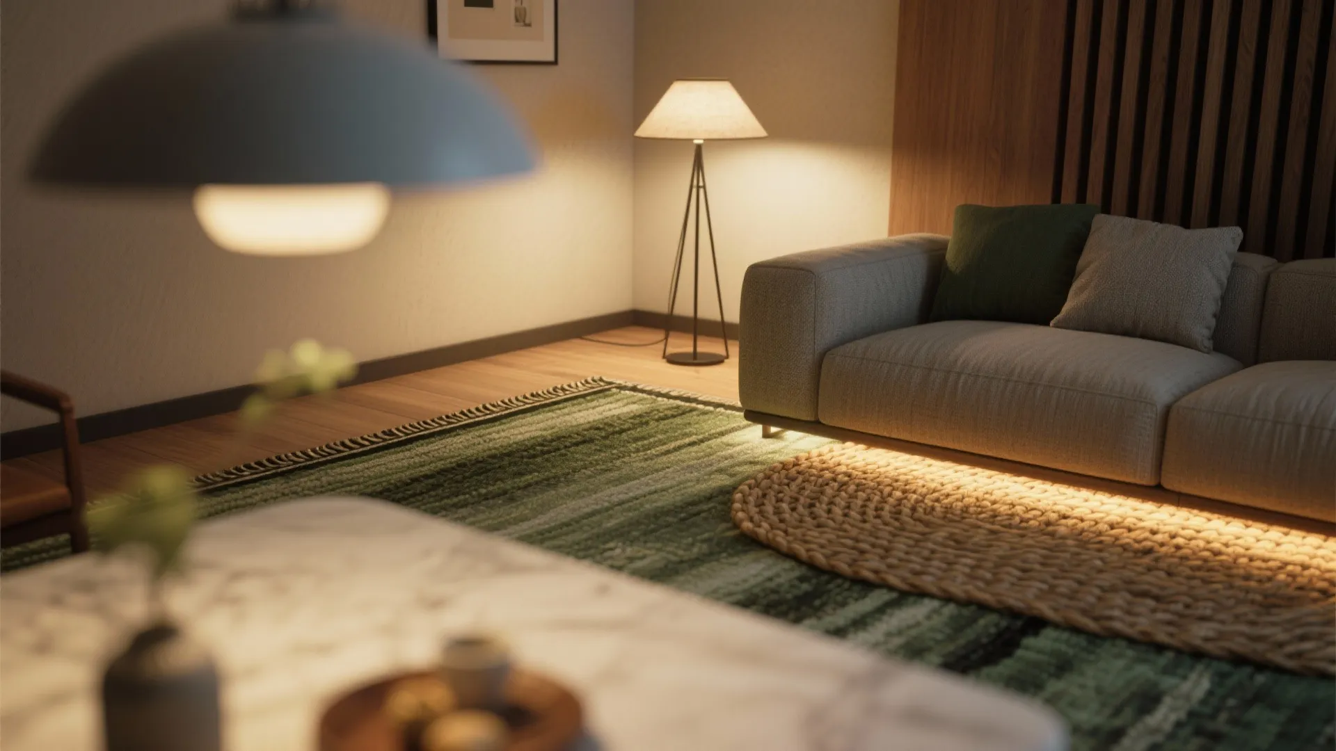 5. Layered lighting and rugs to define the lounge