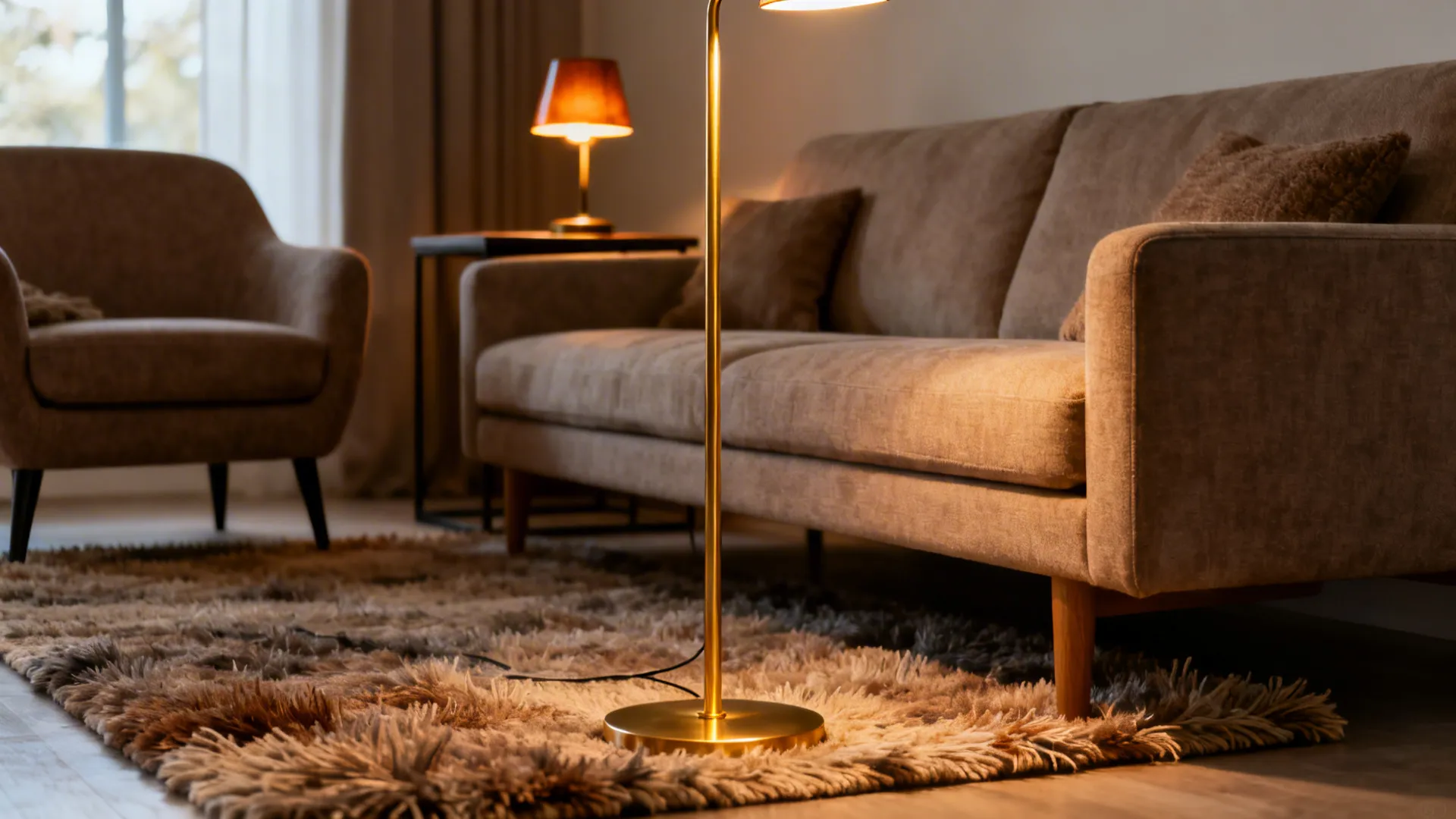 Layered lighting and a rug defining a cozy seating zone in a small living room.