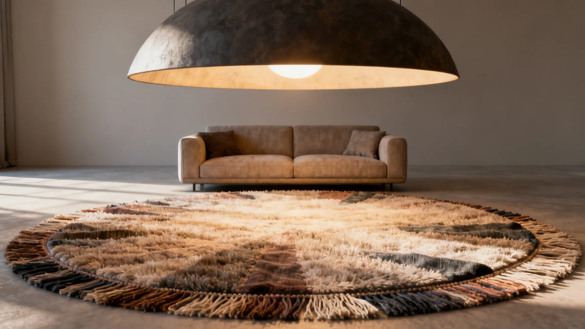 Large dome ceiling light hanging over beige sofa and round textured rug in simple room
